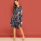 Shein Mixed Print Curved Hem Belted Dress