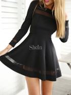 Shein Black Long Sleeve Contrast Mesh Yoke Flare Dress