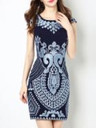 Shein Navy Embroidered Disc Flowers Sheath Dress