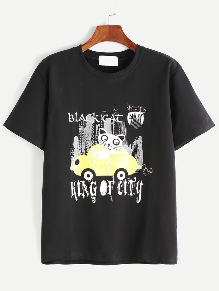 Shein Black Letter And Cartoon Print T-shirt