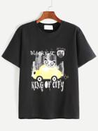 Shein Black Letter And Cartoon Print T-shirt