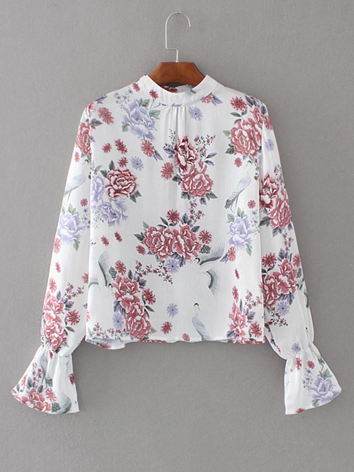 Shein Band Collar Floral Shirred Cuff Blouse