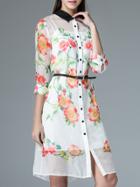 Shein White Lapel Floral Belted Dress