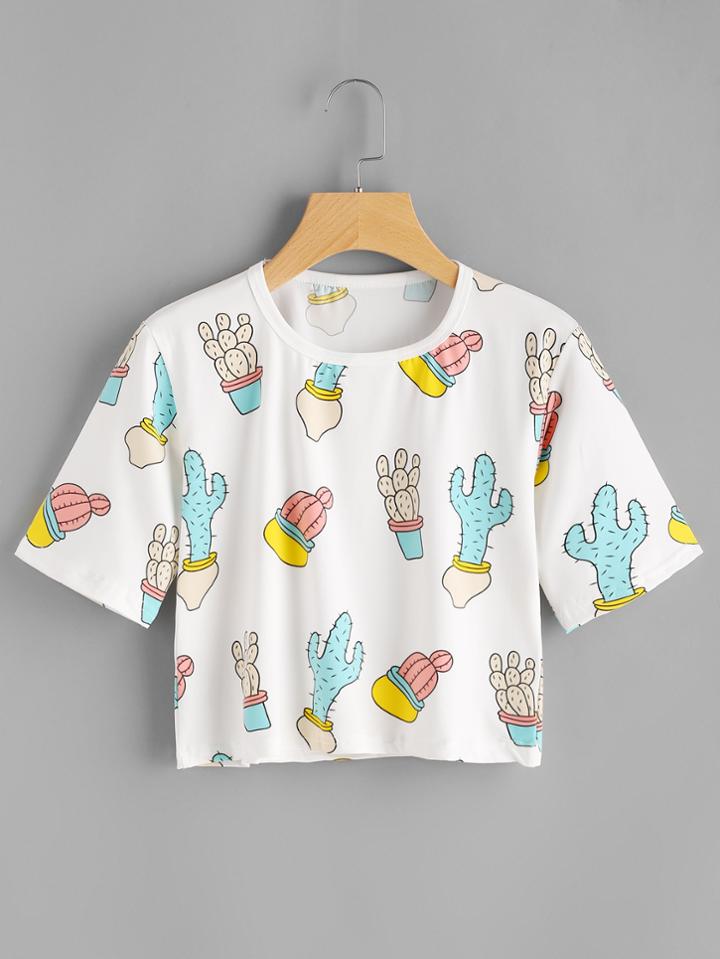 Shein Cactus Print Crop Tee