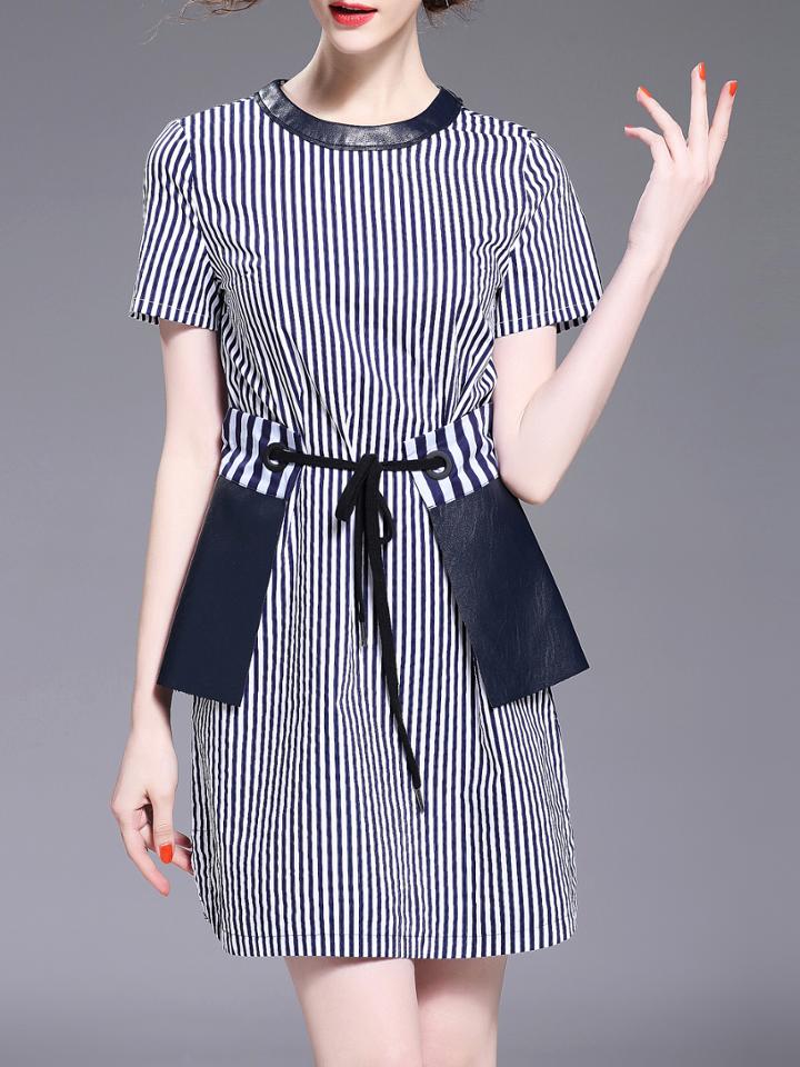 Shein Striped Contrast Pu Drawstring Dress