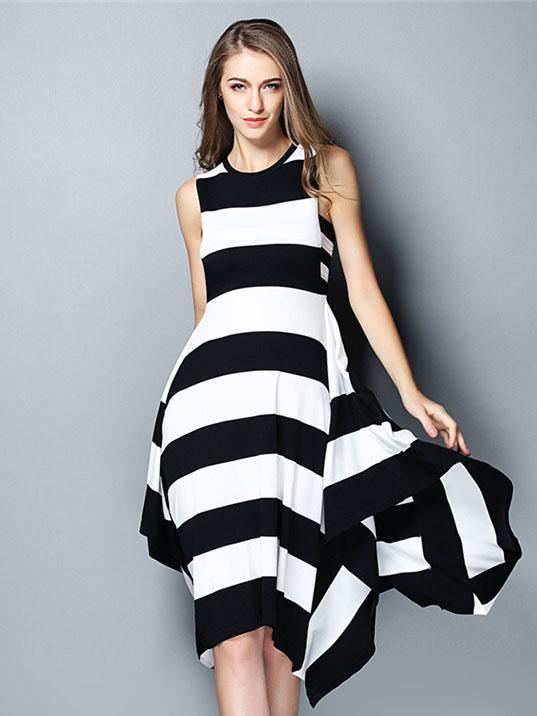 Shein Black White Round Neck Striped Loose Dress