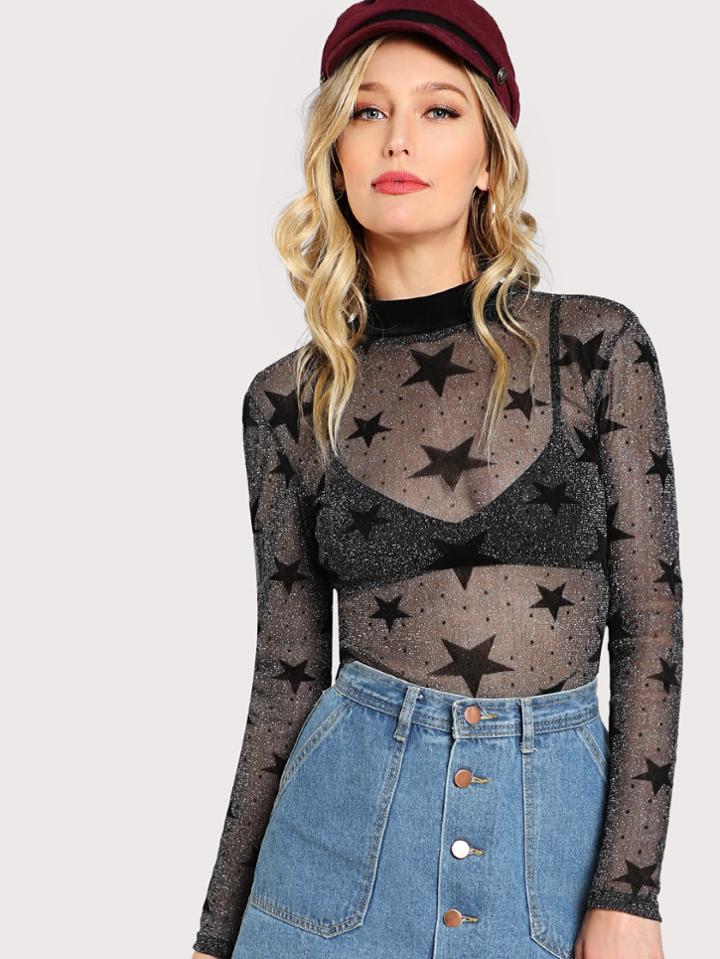 Shein Flocked Star Glitter Mesh Top