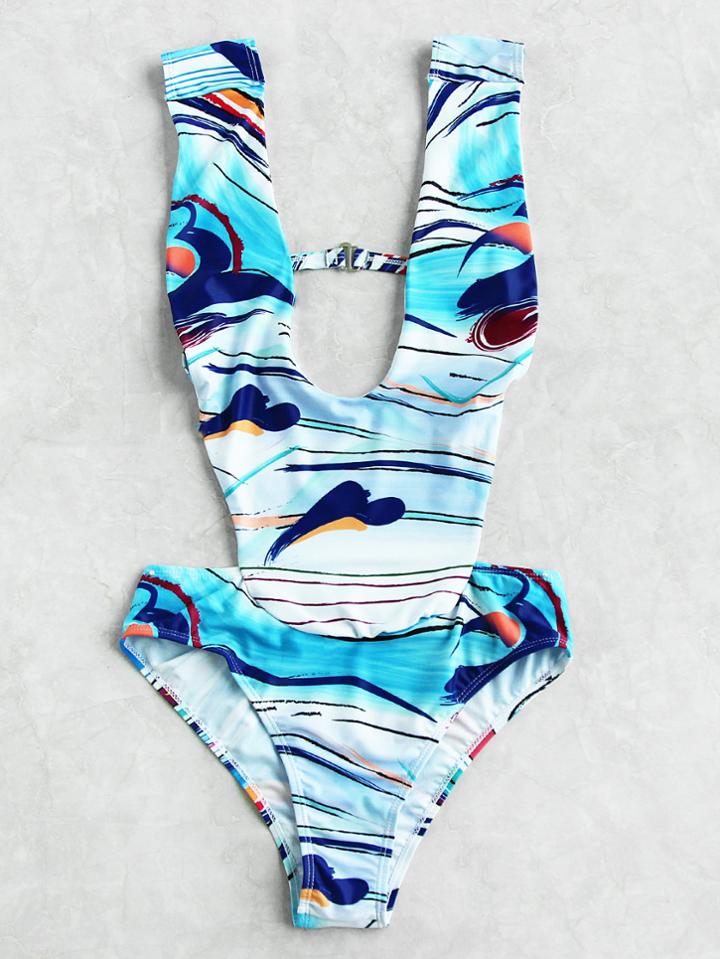 Shein Abstract Print Plunge Neck Monokini