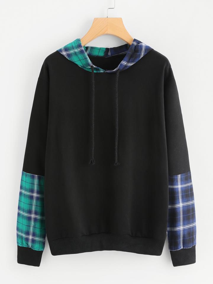 Shein Tartan Plaid Contrast Drawstring Hoodie