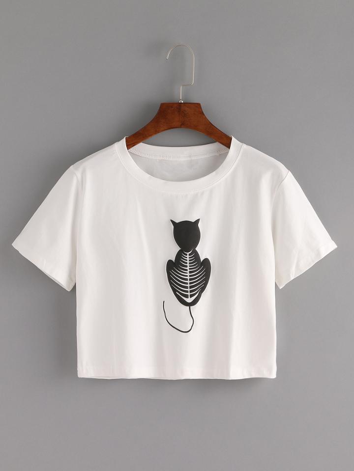 Shein Cat Print Crop T-shirt - White