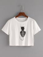 Shein Cat Print Crop T-shirt - White