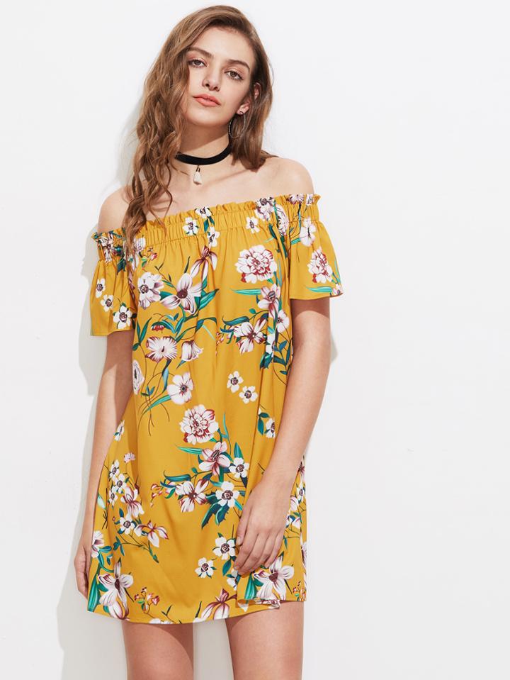 Shein Botanical Print Frill Off Shoulder Dress