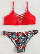 Shein Red Floral Print Criss Cross Bikini Set