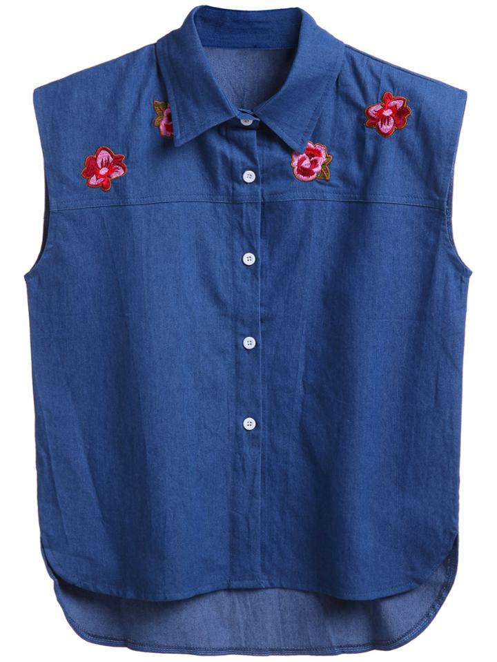Shein Blue Flower Embroidered High Low Sleeveless Denim Blouse