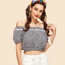 Shein Wave Lace Trim Gingham Bardot Top