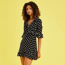 Shein Knot Front Ruffle Trim Dot Dress