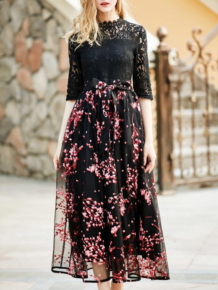 Shein Red Tie-waist Gazue Print Lace Dress