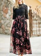 Shein Red Tie-waist Gazue Print Lace Dress