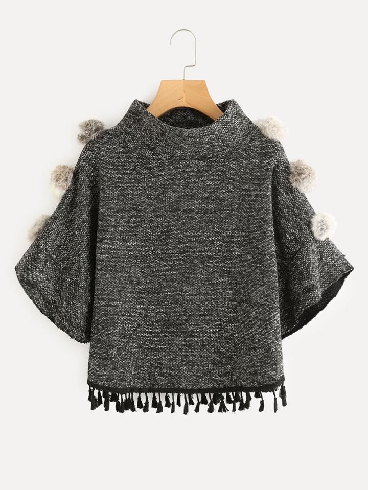 Shein Fringe Trim Faux Fur Ball Side Sweater