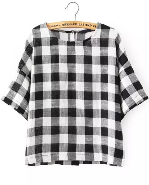 Shein Black White Checkerboard Round Neck Plaid Blouse