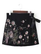 Shein Side Tie Embroidery Velvet Skort