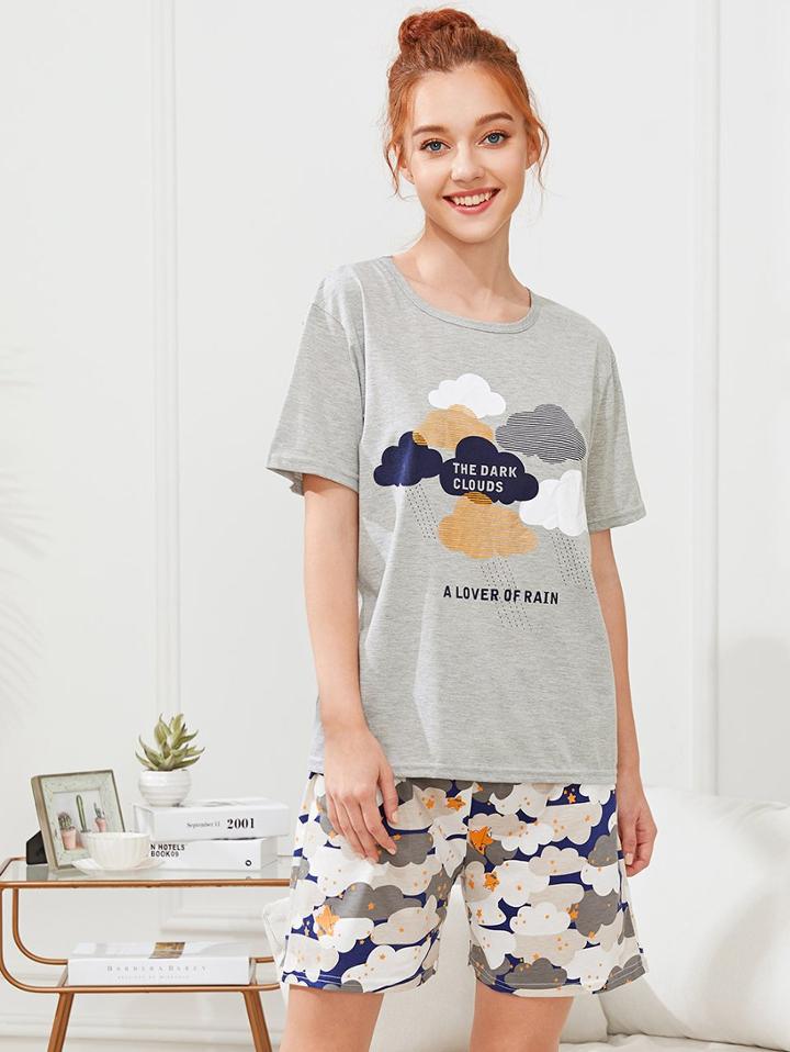 Shein Cloud Print Tee & Shorts Pj Set