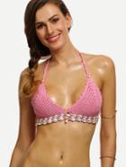 Shein Pink Beaded Hollow Out Crochet Bikini Top