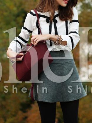 Shein White Tie Neck Blouse With Contrast Trims