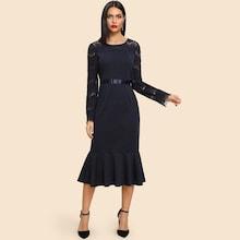 Shein Lace Sleeve Ribbon Waist Fishtail Dress