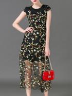 Shein Black Gauze Embroidered Midi Dress