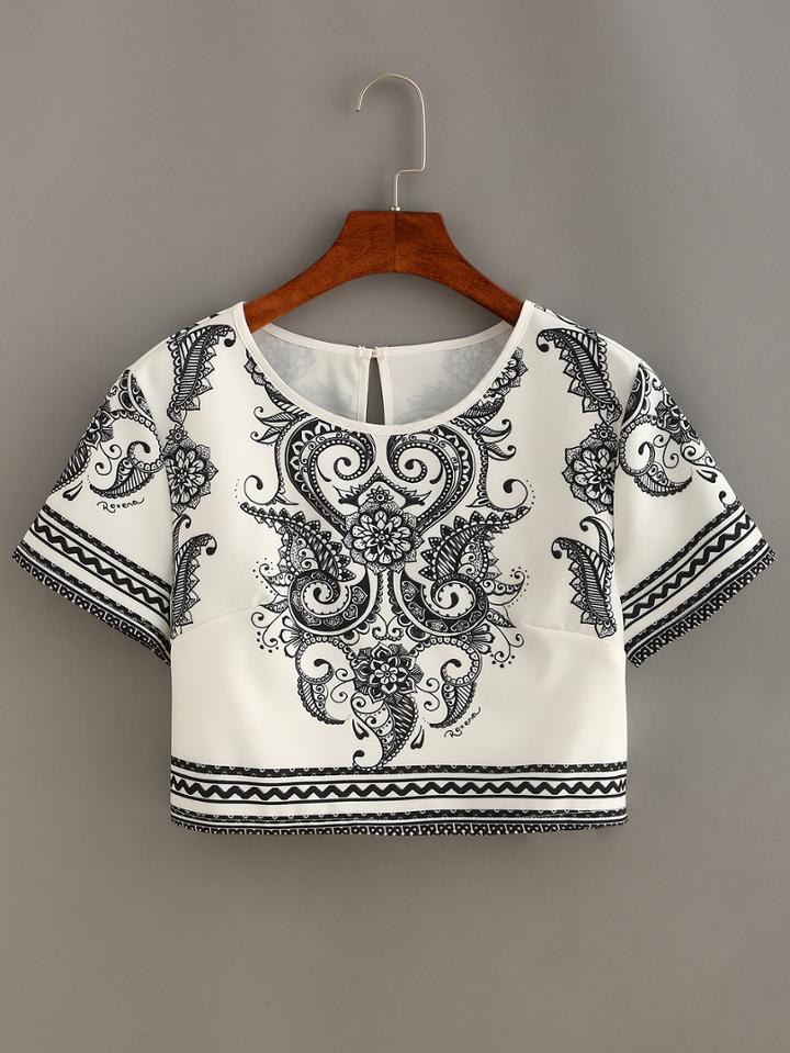 Shein Paisley Print Keyhole Back Crop T-shirt
