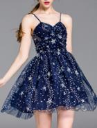 Shein Blue Spaghetti Strap Backless Gauze Star Beading Dress
