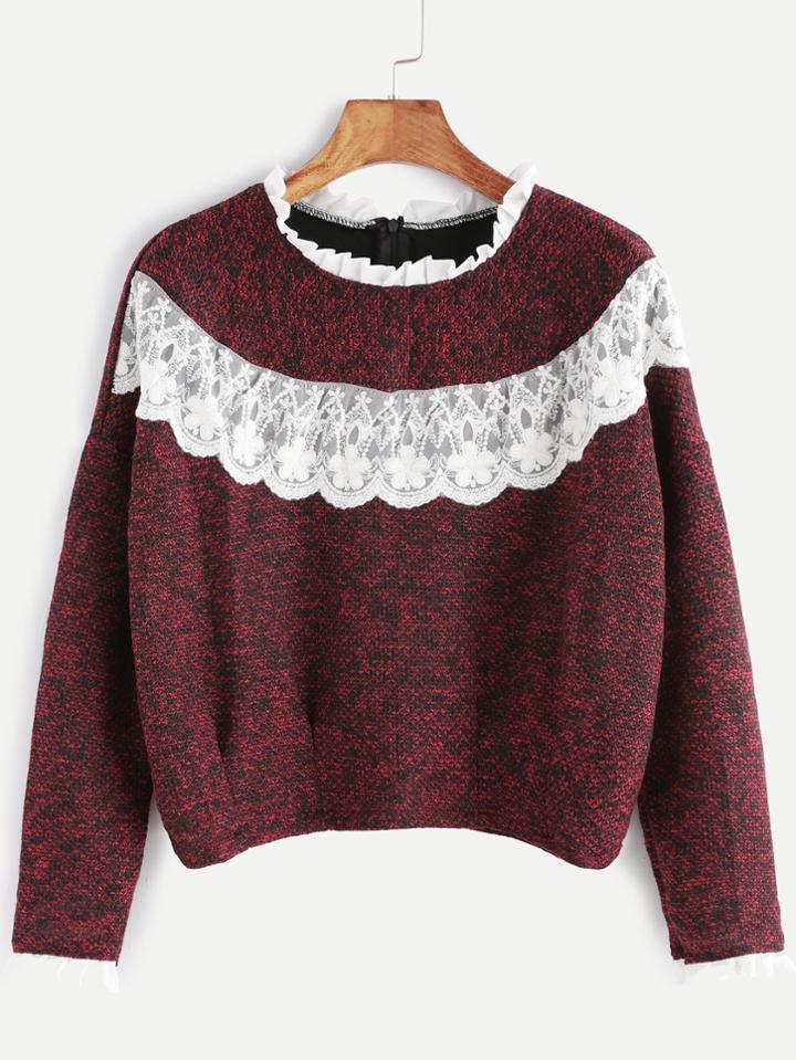 Shein Burgundy Contrast Lace Ruffle Trim Sweatshirt