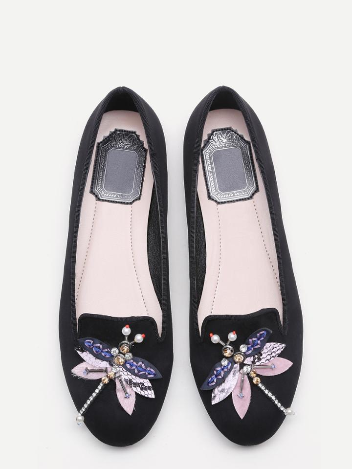 Shein Black Rhinestone And Beaded Dragonfly Embellished Flats