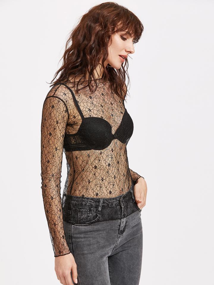 Shein Black Sheer Floral Lace Top