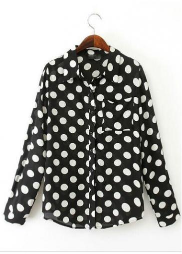 Rosewe Chic Polka Dot Print Turndown Collar Long Sleeve Shirt