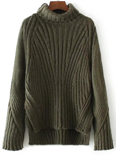 Shein Army Green Turtleneck Side Slit Dip Hem Sweater