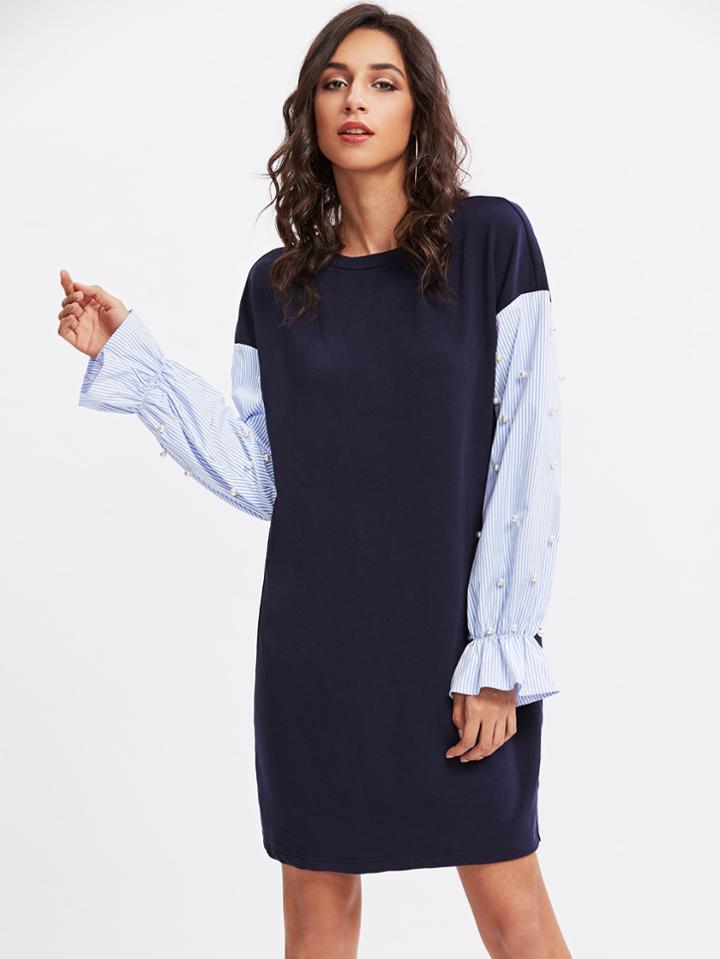 Shein Pearl Beaded Striped Bell Sleeve Sweatshirt Dress