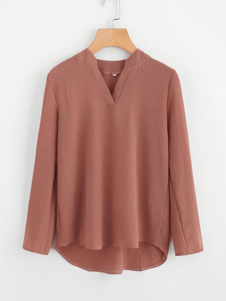 Shein V Placket Fold Pleat Back Dip Hem Blouse