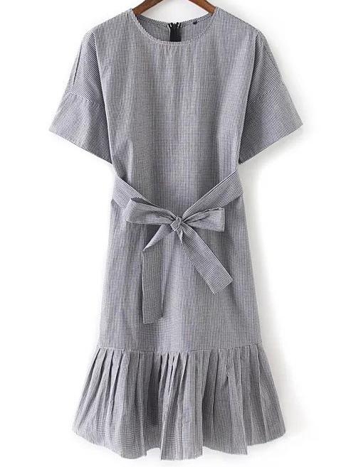 Shein Black And White Tie-waist Plaid Dress