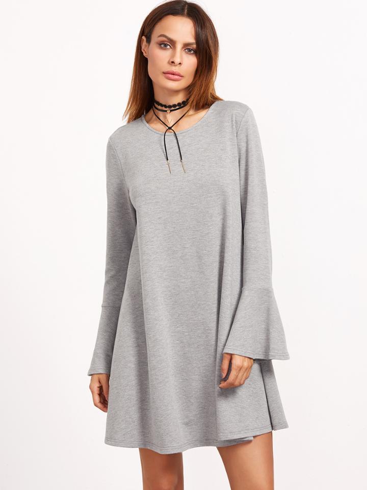 Shein Heather Grey Round Neck Bell Sleeve Swing Dress