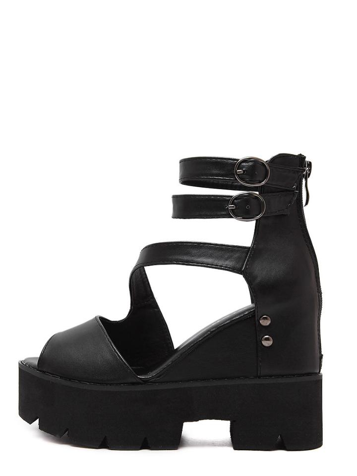 Shein Black Peep Toe Ankle Strap Chunky Sandals
