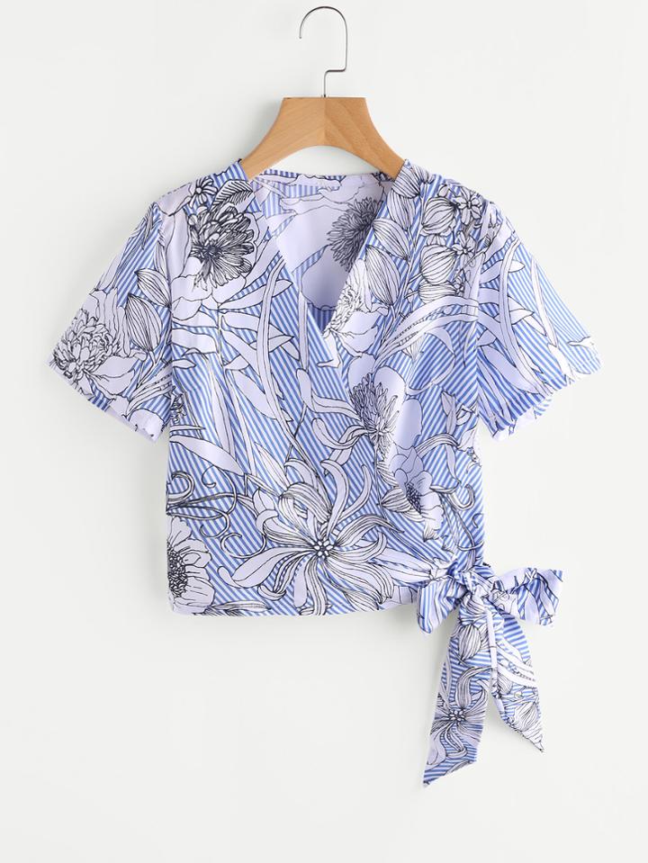 Shein Tropical Print Stripe Tie Detail Top