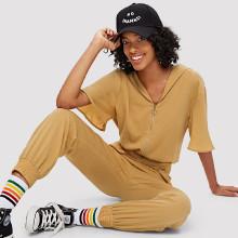 Shein Flutter Sleeve O-ring Zip Up Hooded Jumpsuit