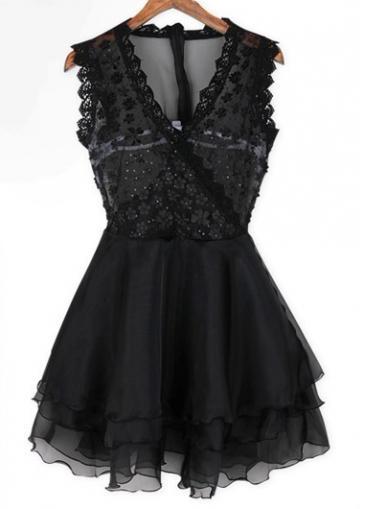 Rosewe Enchanting Sleeveless V Neck Black A Line Dress