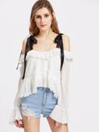 Shein Tied Cold Shoulder Bell Sleeve High Low Ruffle Top