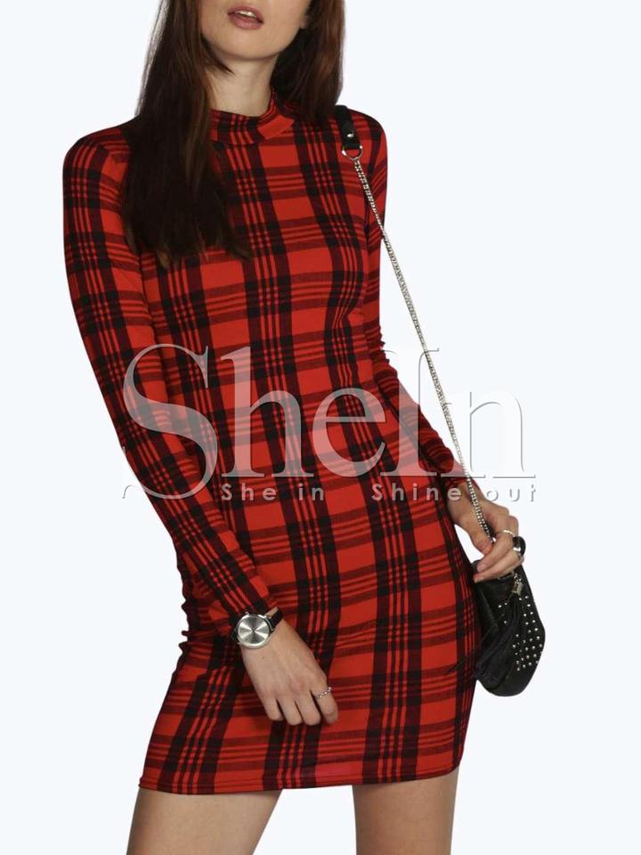 Shein Red Plaid Mock Neck Bodycon Dress