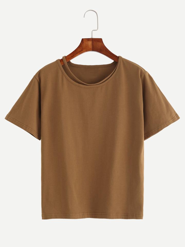 Shein Brown Cutout Neck T-shirt