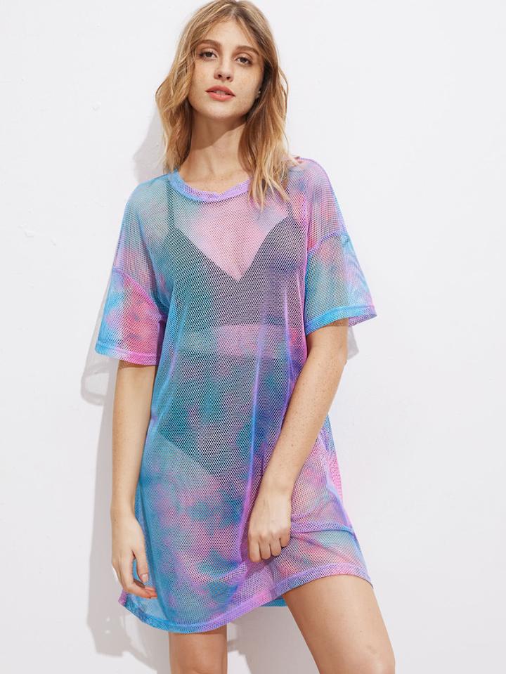 Shein Drop Shoulder Tie Dye Fishnet Cover Up Dress