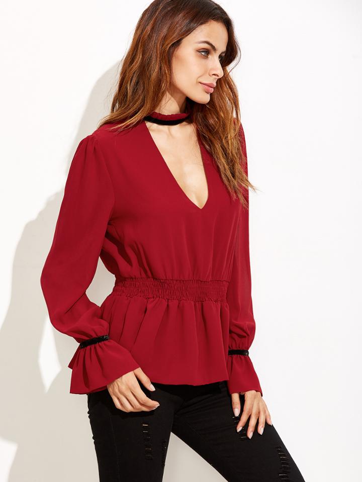 Shein Burgundy Cutout Ruffle Cuff Keyhole Back Peplum Blouse